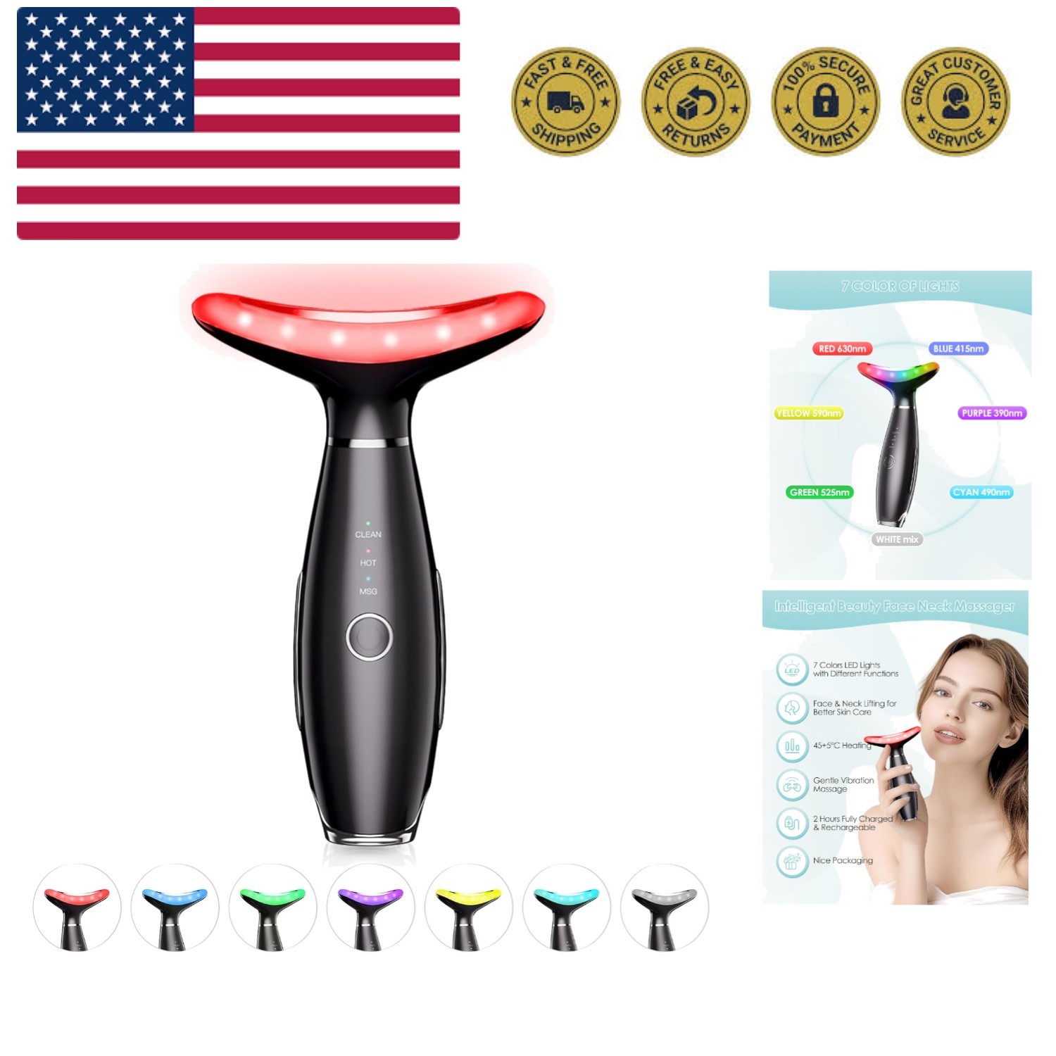 7 Color Neck Face Massager - Facial Massager Tool for Skin Care at Home, Vibr...