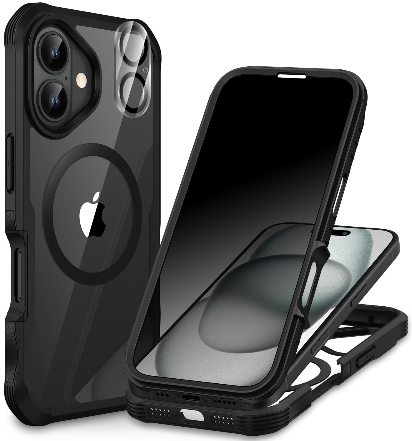 Magnetic Privacy Case Compatible with iPhone 16 Tempered Glass Shockproof Black