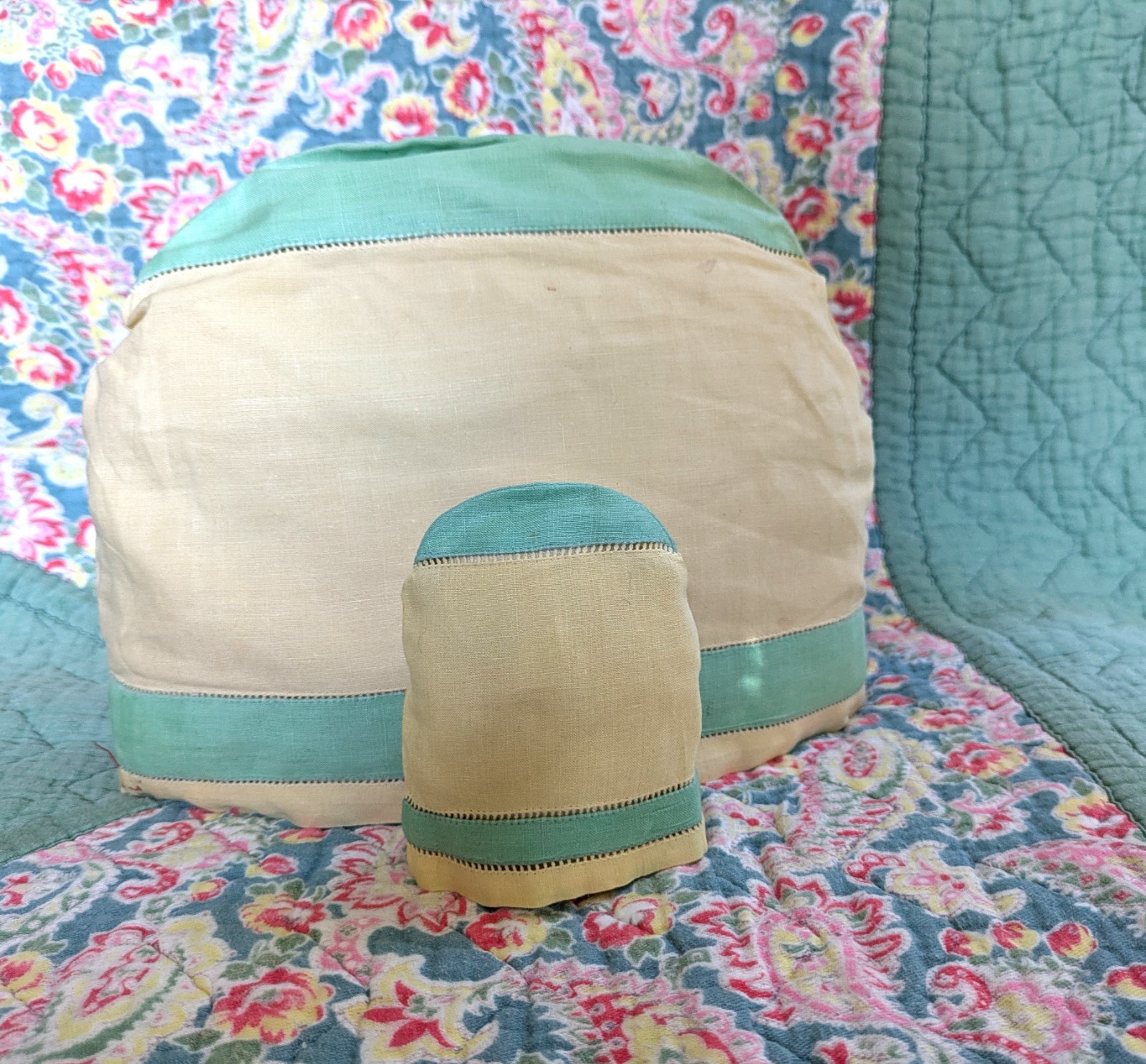 1930s Tea Cosy and Egg Cosy Breakfast Set Sunshine Yellow and Mint Green