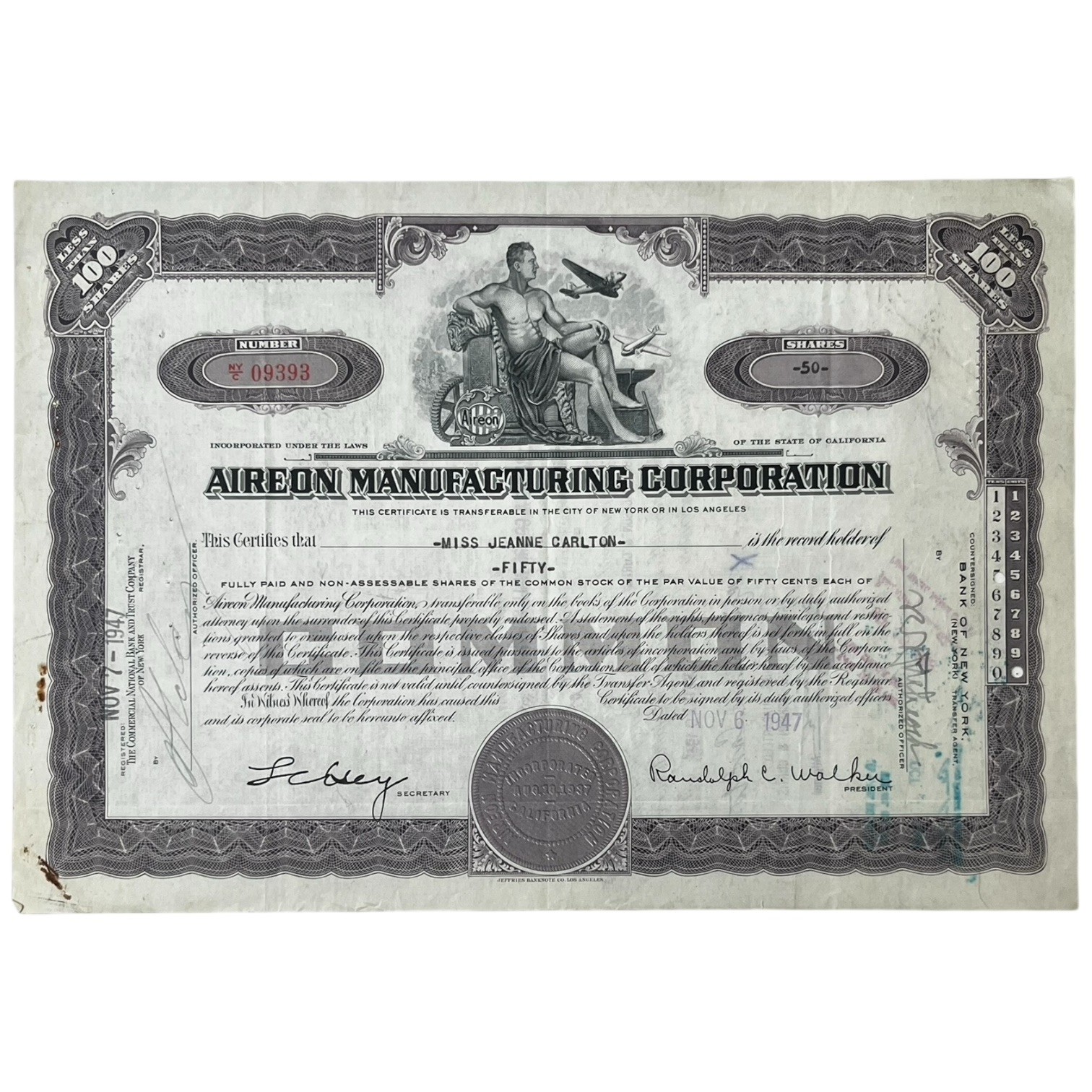 Vintage 1947 Aireon Manufacturing Corporation Bank Of New York Stock Certificate