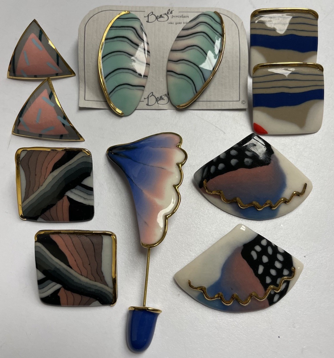 Vintage Benzle Porcelain Jewelry Lot Artisan 5 Pair Of Earrings 1 Stick Pin