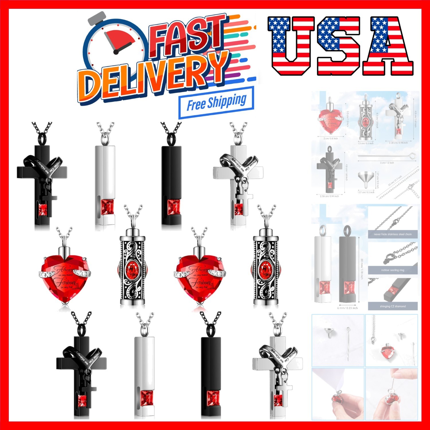 12 Pcs Urn Necklace for Ashes Bulk Cremation Cross Heart Cubic Jewelry Stainl...