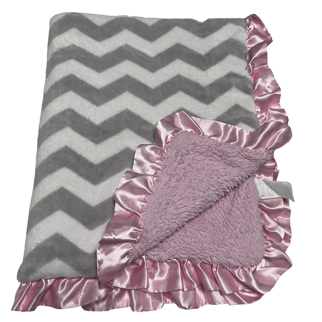 Baby Essentials Blanket Gray White Chevron Zig Zag Pink Satin Trim Ruffle Plush