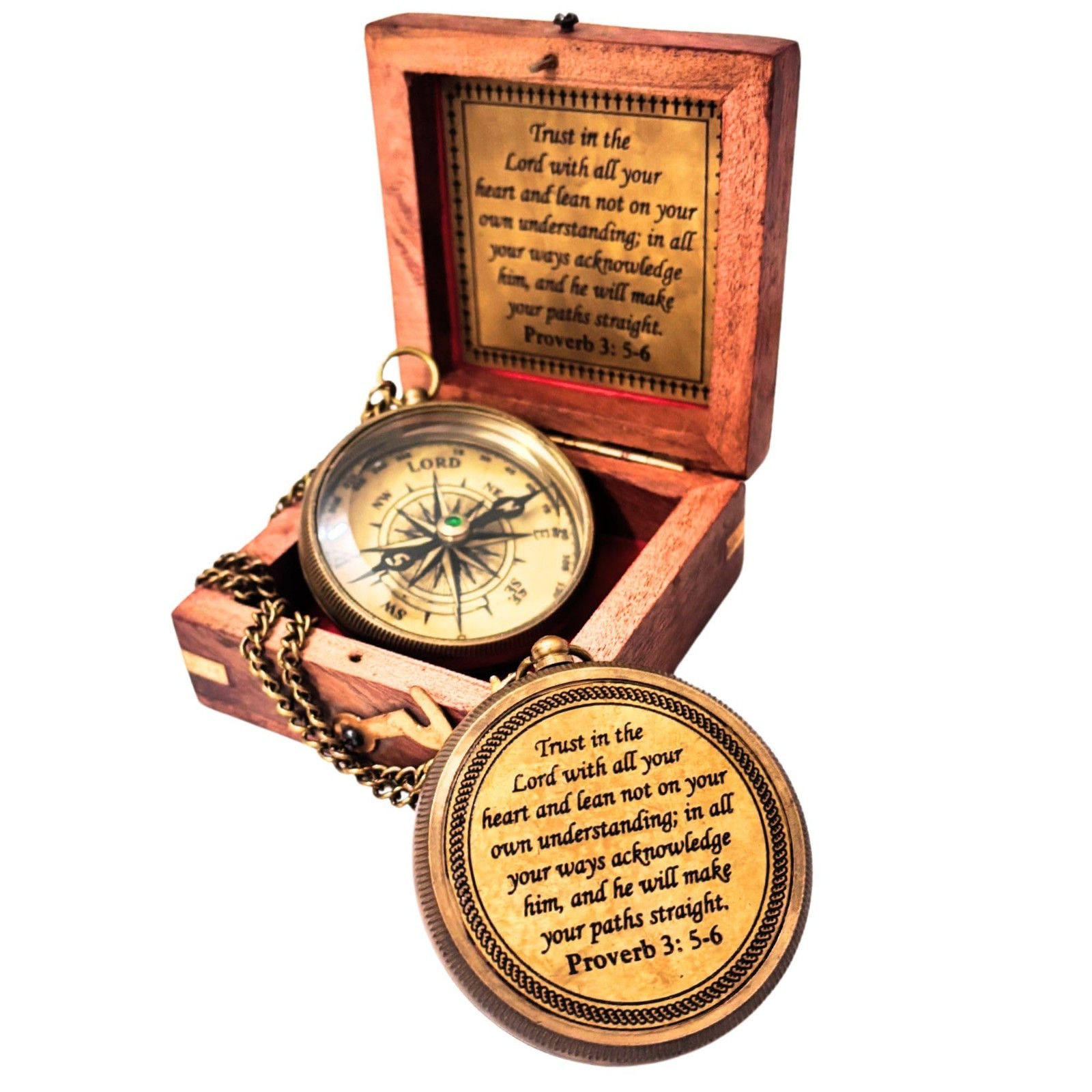 Engraved Compass with Wood Box - Inspirational Christian Gift for Men & Boys, Ba