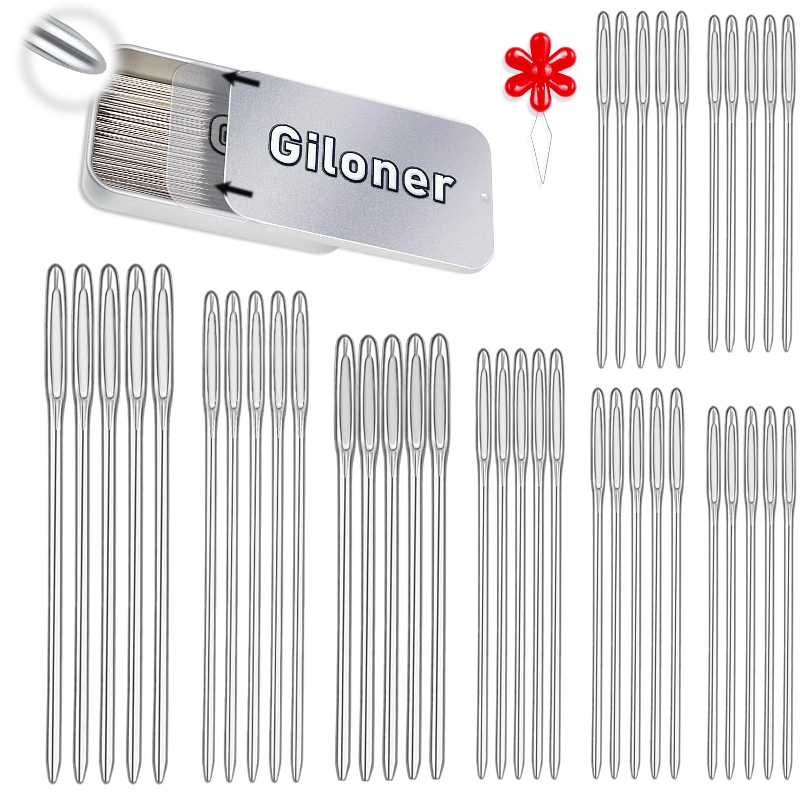 Giloner Large-Eye Blunt Tip Hand Sewing Supplies Set - 40pcs, 8 Sizes silver 