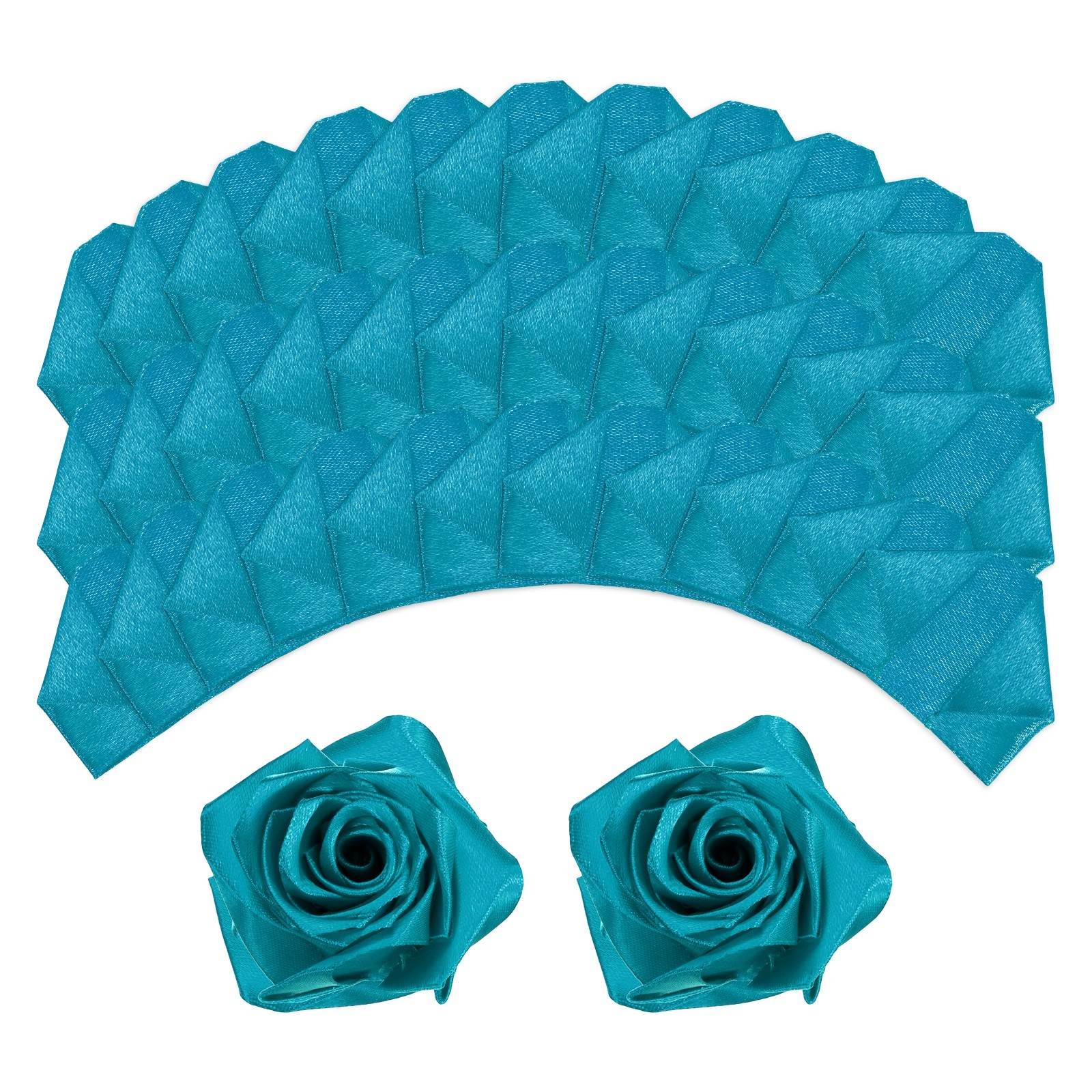 100pcs Eternal Roses Petals, Premade Satin Ribbon Flowers, Peacock Blue