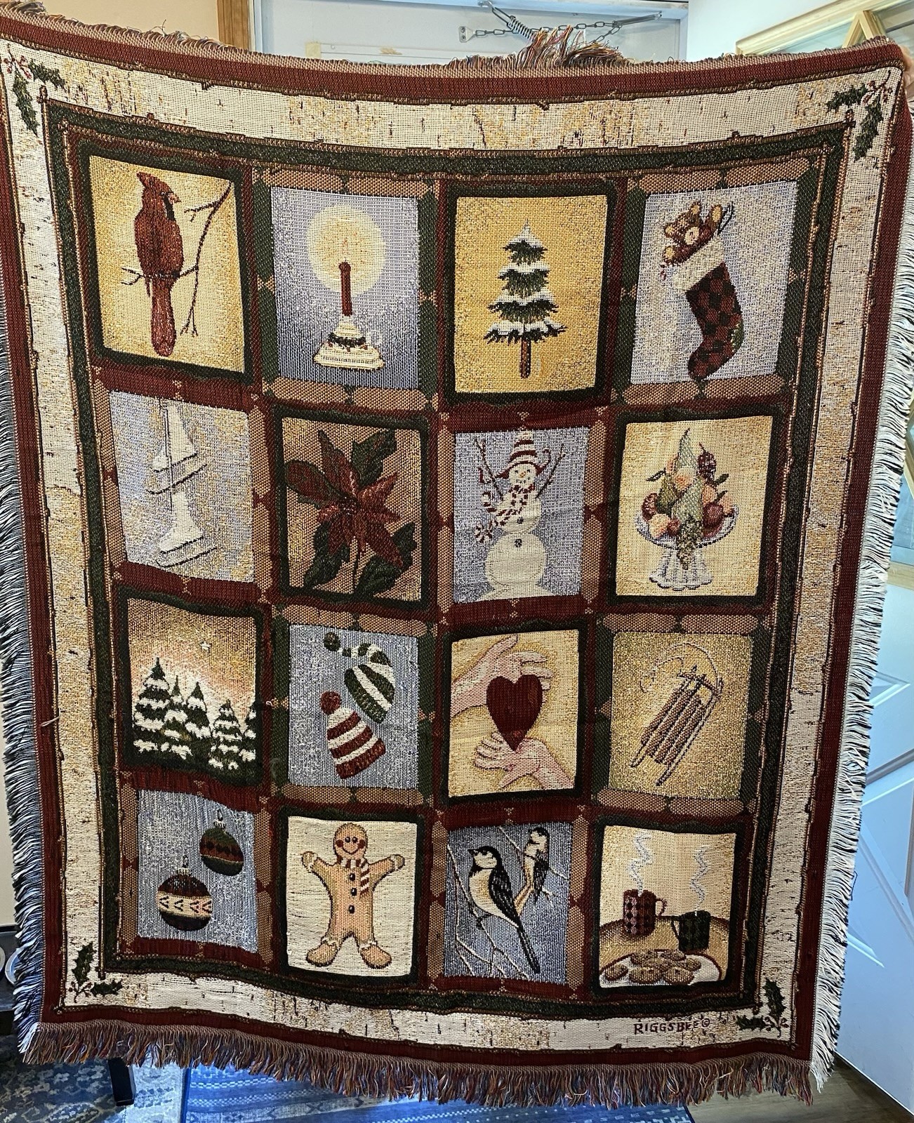 Vintage Tapestry Throw Woven Fringed Blanket Christmas Riggsbee 49”X 58”