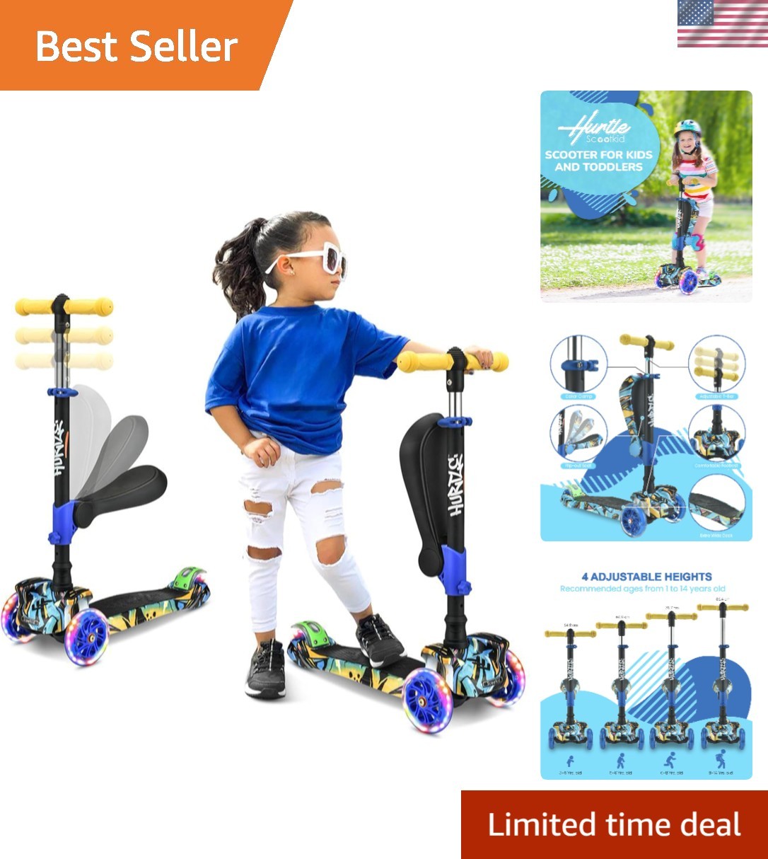 3-Wheeled Scooter for Kids - Wheel LED Lights, Adjustable Lean-to-Steer Handl...