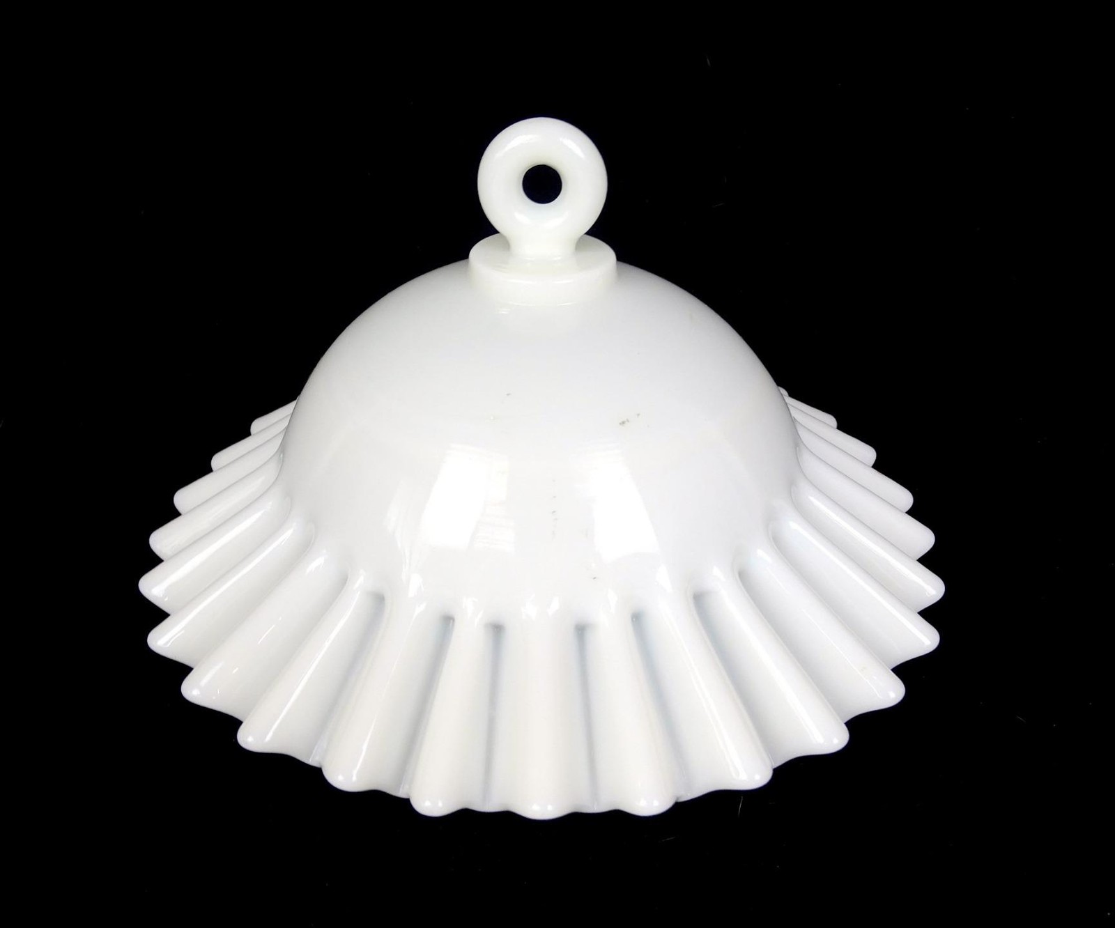 VINTAGE MILK GLASS WHITE HANGING CRIMPED TUTU OIL LAMP SMOKE 7 3/4" SHADE 1920-