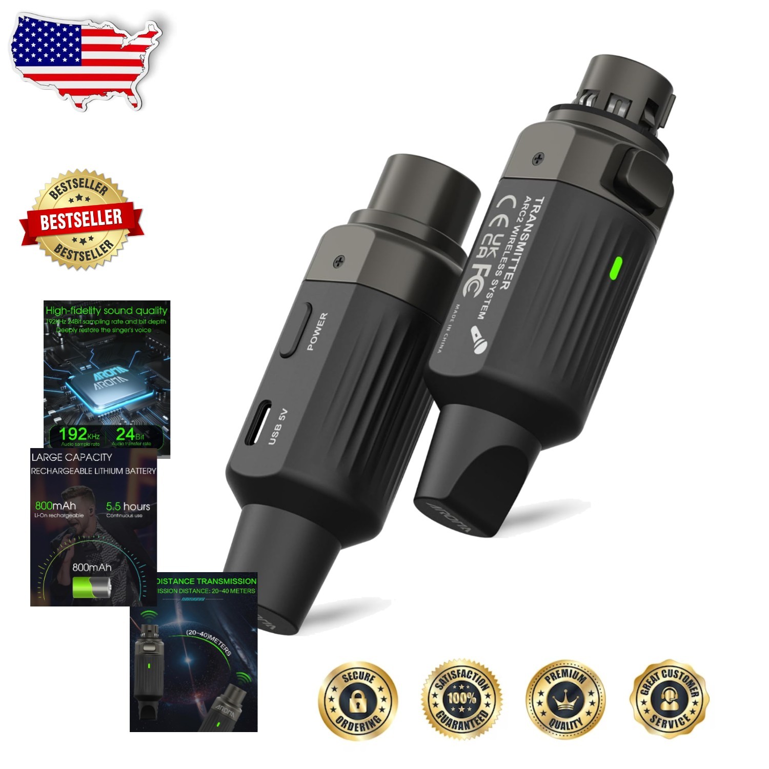 Aroma Wireless XLR Transmitter Receiver UHF Mic System 7-Ch 130ft Range