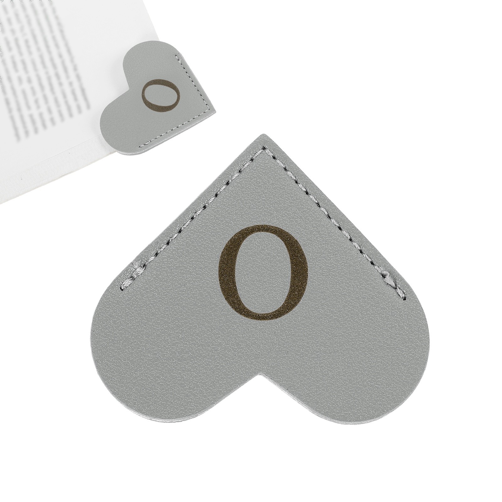 Initial O Corner Bookmarks,  Heart Shape Leather Book Marks Markers, Gray