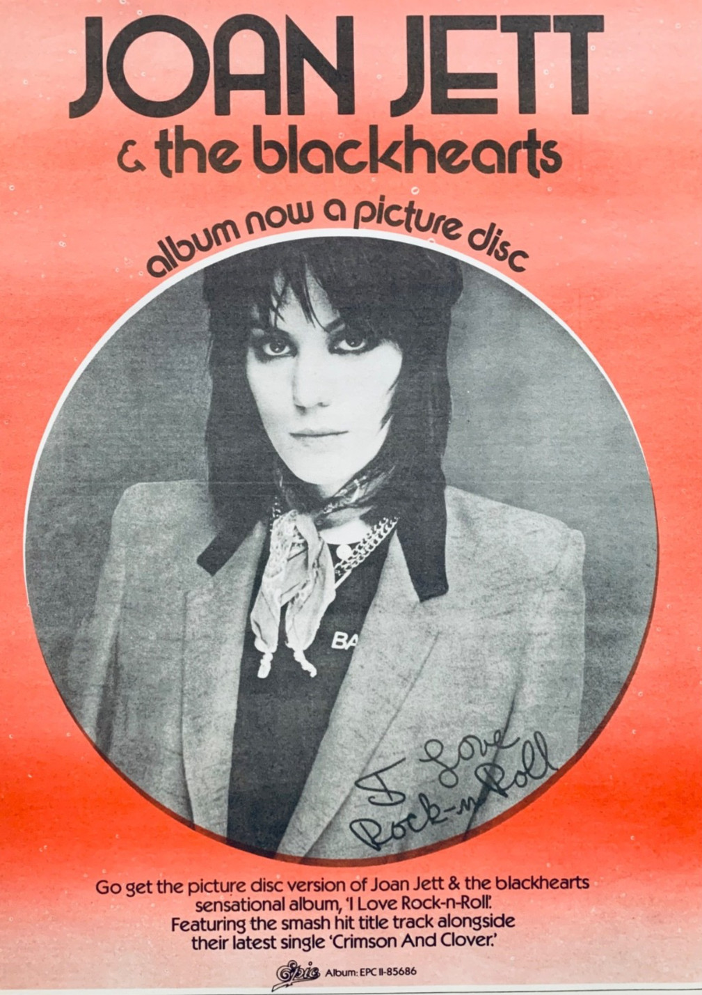 JOAN JETT 1982 original POSTER ADVERT I LOVE ROCK 'N' ROLL