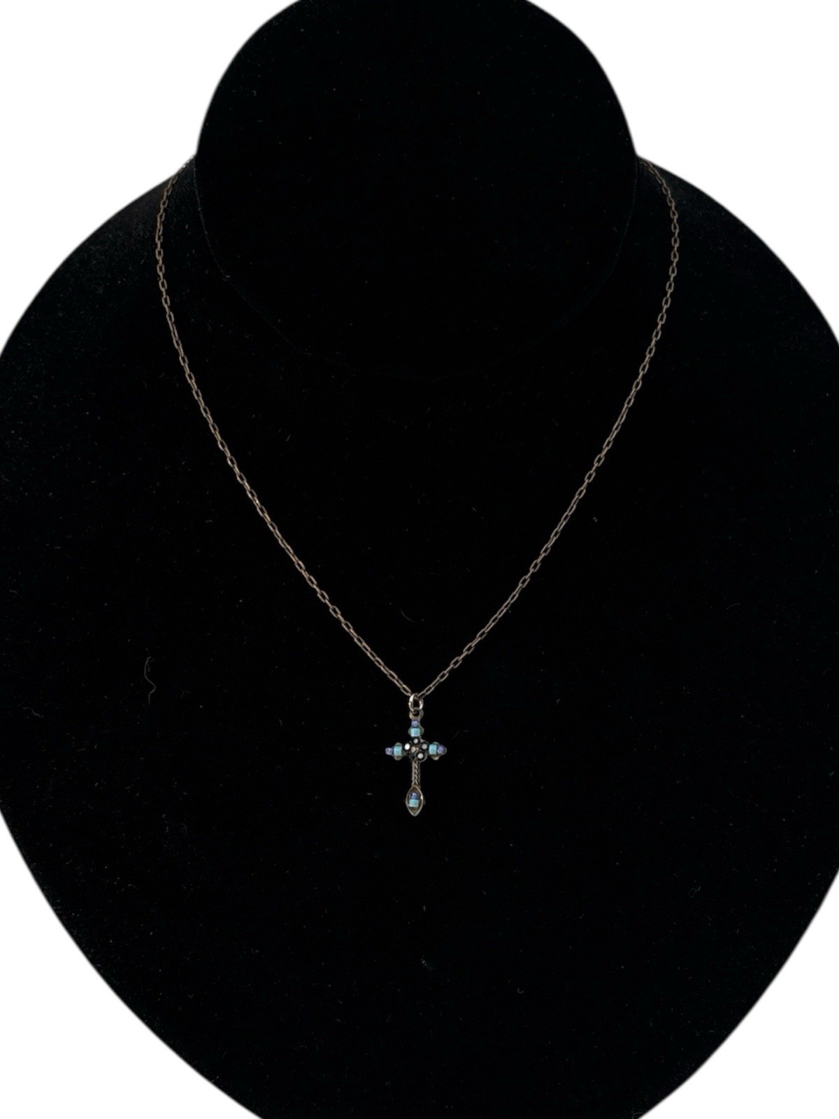 Vintage Signed Firefly Dainty Teal Mosaic Religious Christian Cross 18" Necklace
