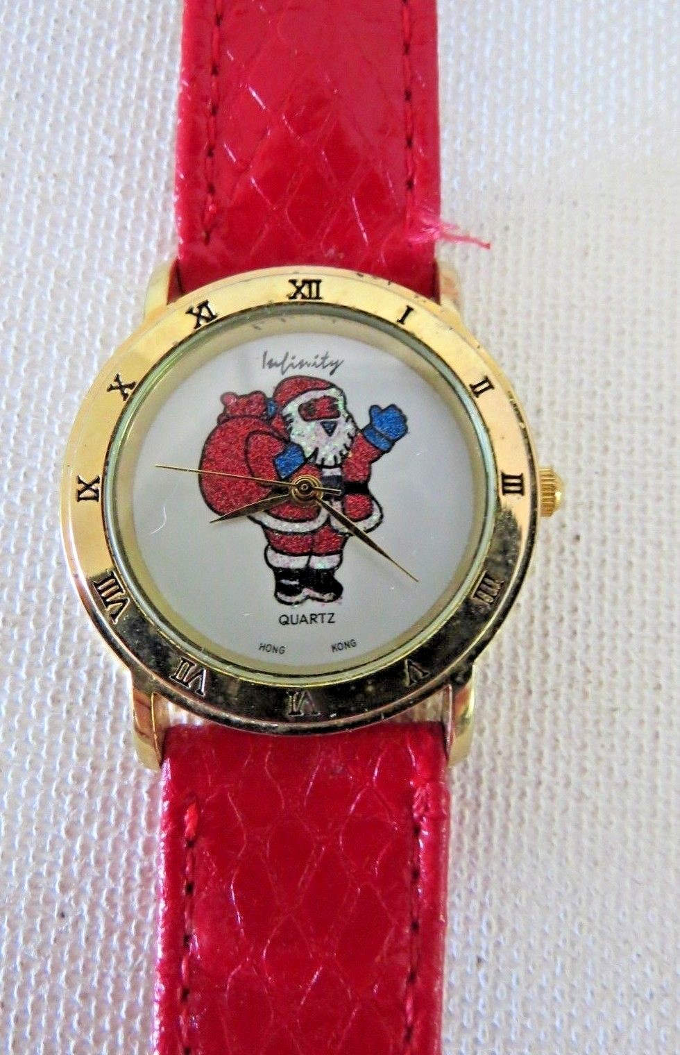 VTG Infinity quartz CHRISTMAS Santa watch~red leather 