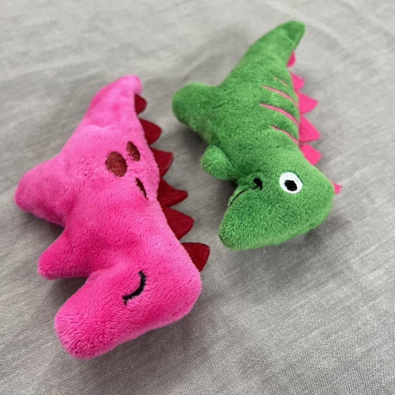 Tiny pink and green dino dog / cat toys w crinkly stuff inside 