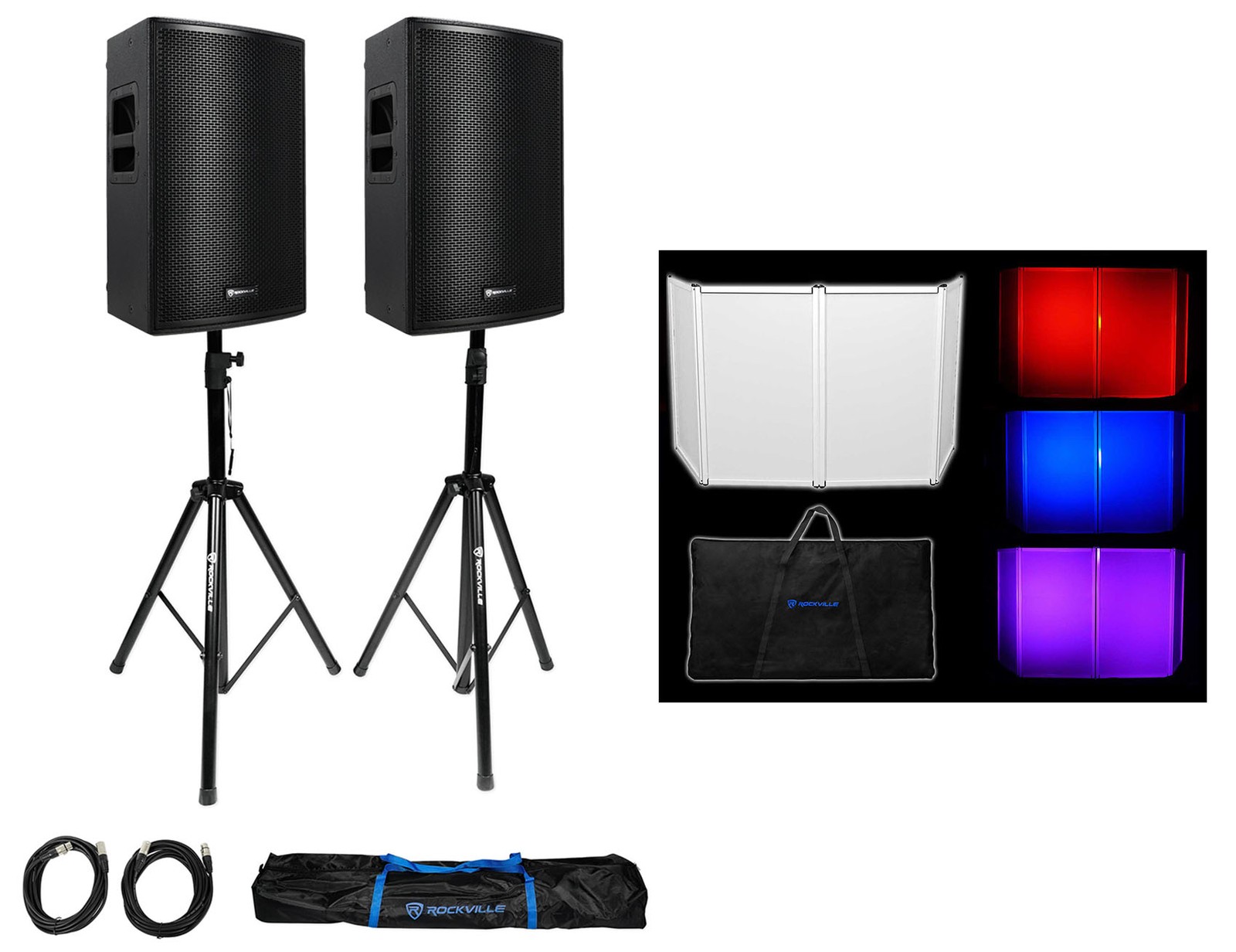 DJ Package w/(2) Rockville PLX12 12" 750w Powered Speakers+Facade+Stands+Cables