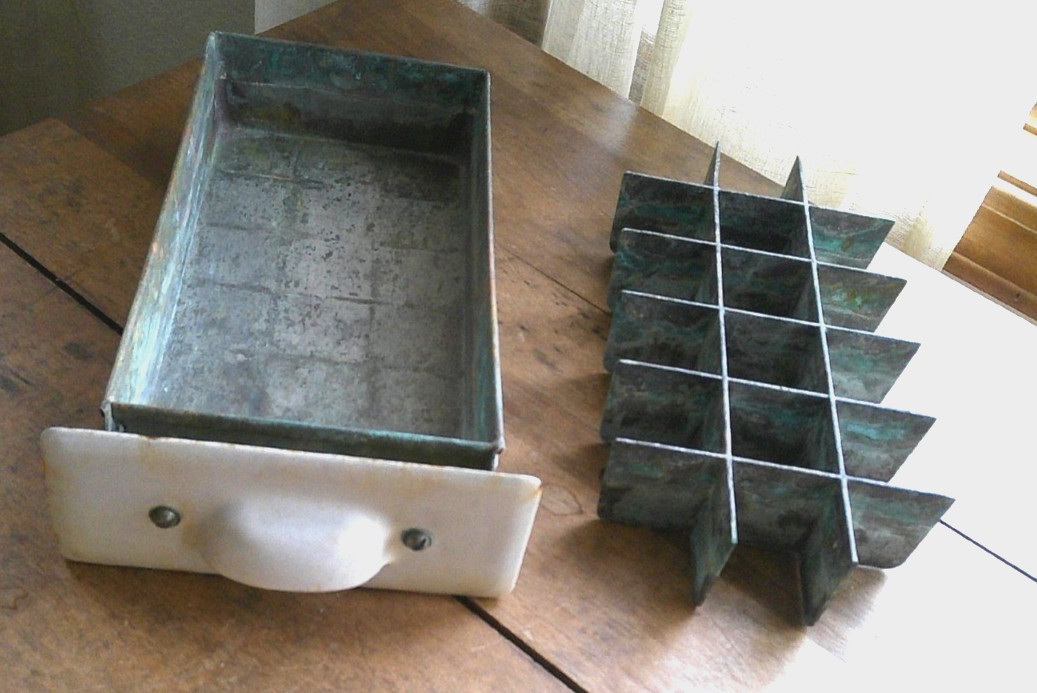 Antique 5x10  Ice Box SOLID COPPER  Fridge Ice Tray Drawer w/ ENAMEL pull handle