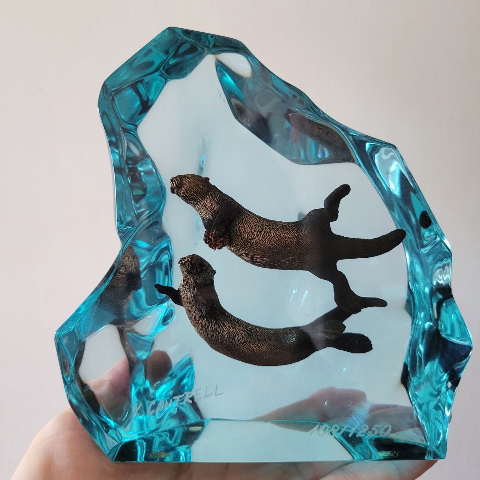 Vtg Kitty Cantrell "Genesis" Lucite and Bronze Sea Otters Sculpture 1081/1250