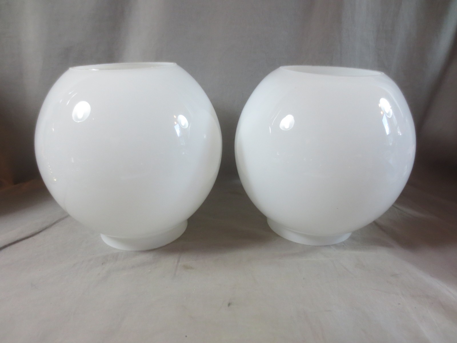 2 VINTAGE ROUND WHITE CASED GLASS GLOBES DUPLEX OIL LAMP SHADES