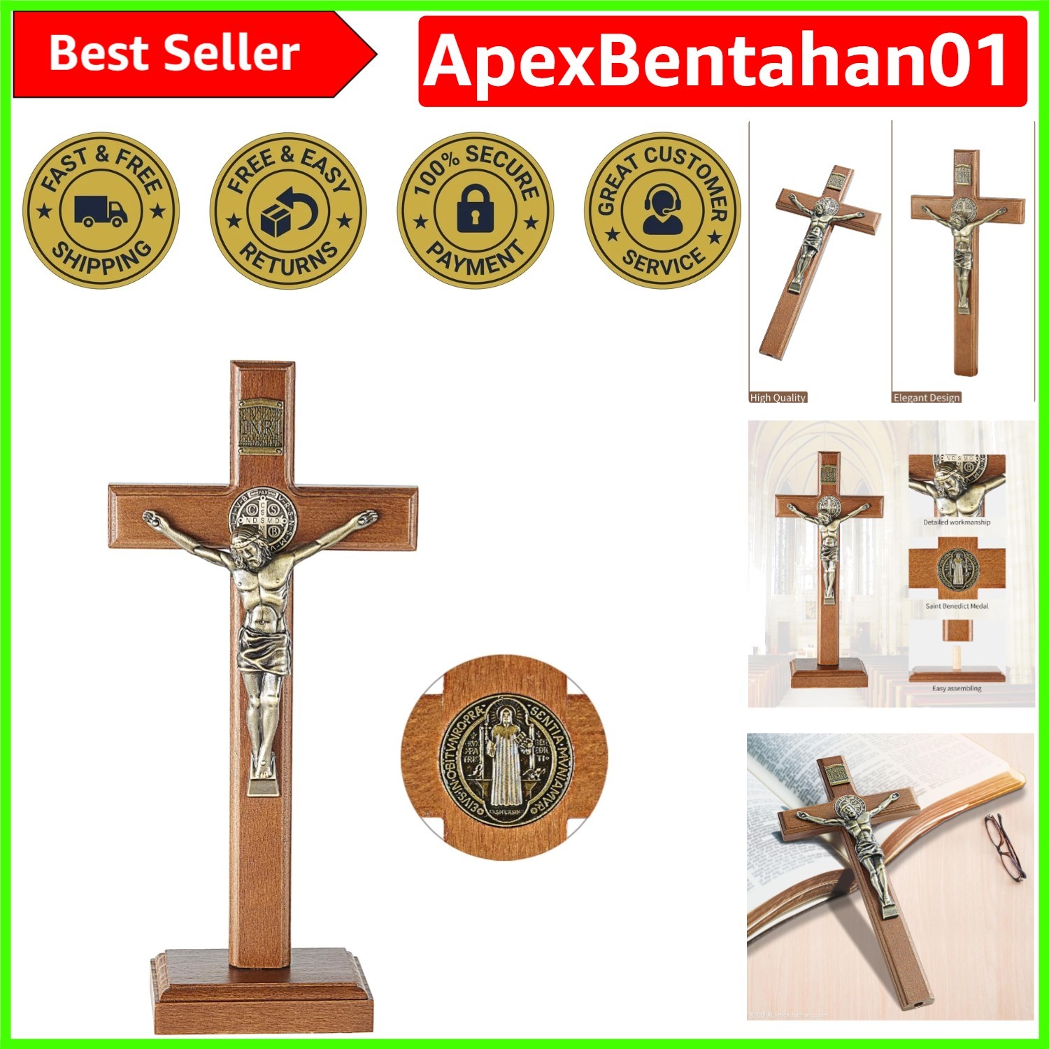 10.7-Inch Antique Wood Jesus Crucifix with Dual Medals - Faithful Home Accent