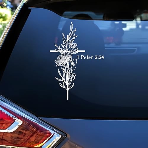 Peter 2:24 Car Decal Bible Verse Flower Christian Inspiration Floral Cross