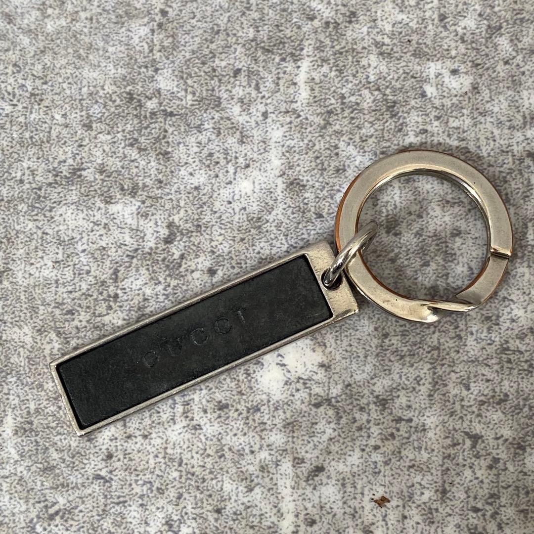 GUCCI Key Charm Key Holder Logo Leather Black Silver