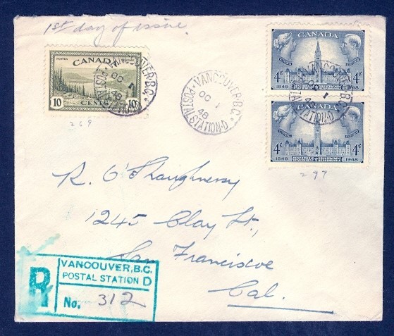 CANADA #277(2), 269 VANCOUVER POSTAL STATION D REG TO USA