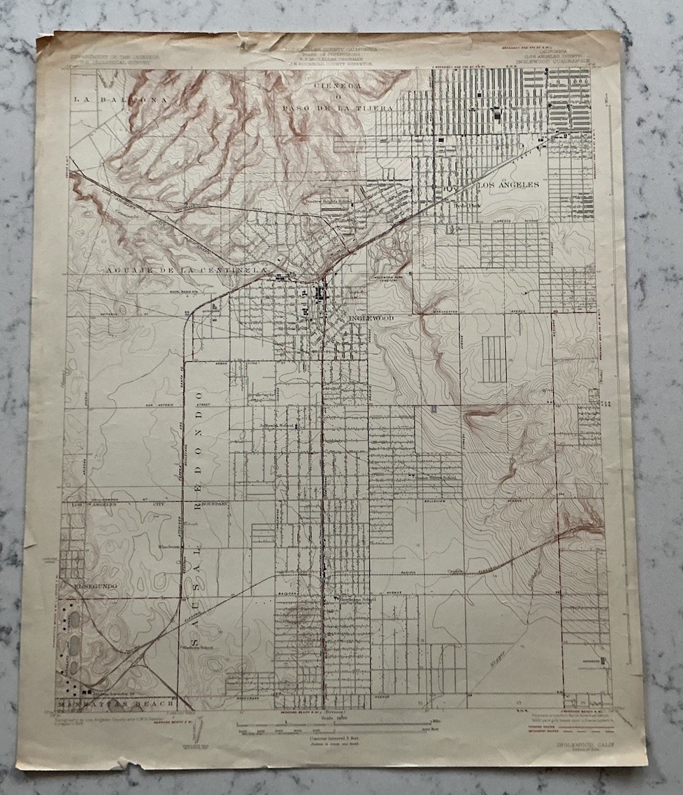 ANTIQUE INGLEWOOD CALIFORNIA GEOLOGICAL SURVEY TOPOGRAPHICAL MAP 1924 USGS
