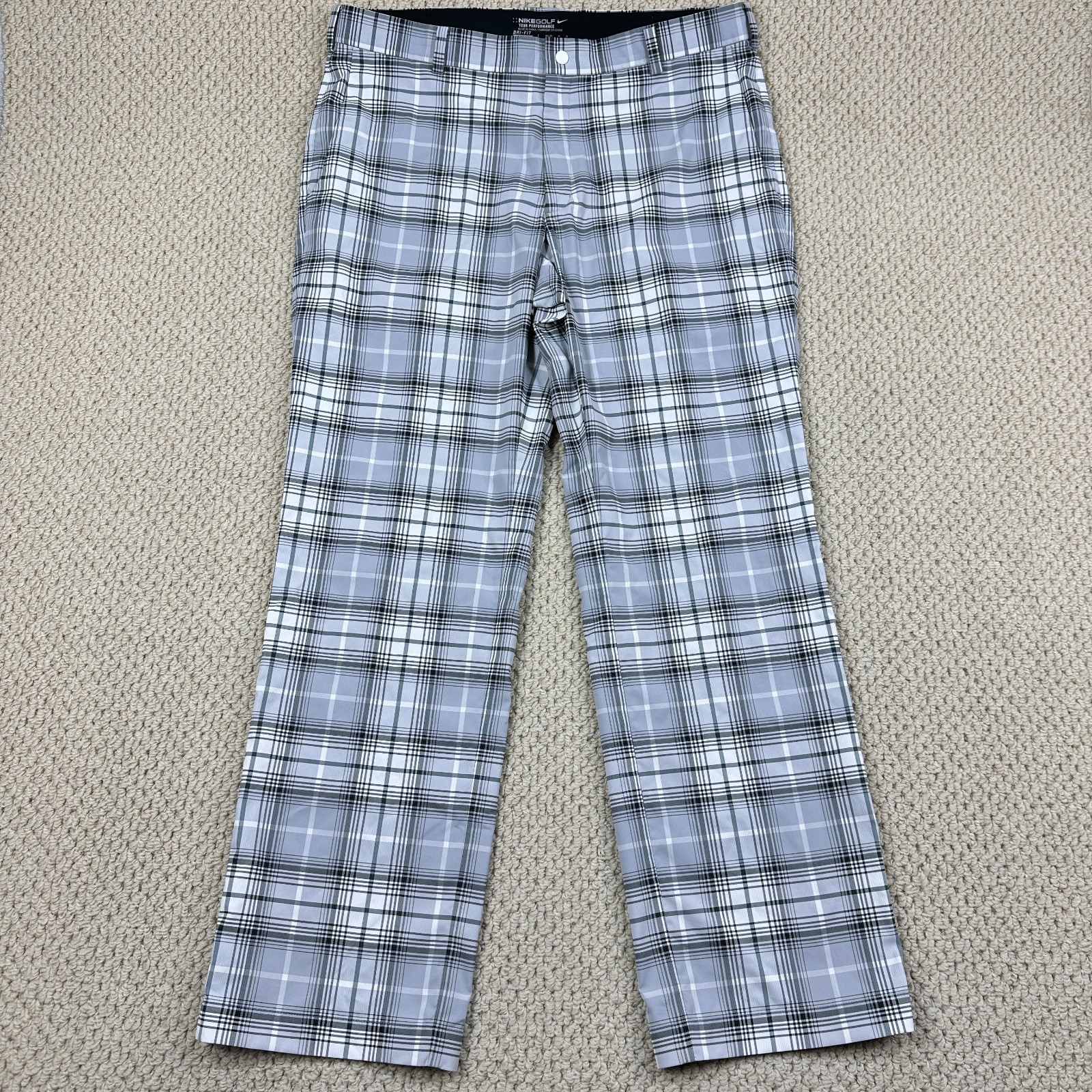 Nike Golf Pants Mens 36x32 Gray/Silver Dri Fit Tour Performance Plaid Trousers
