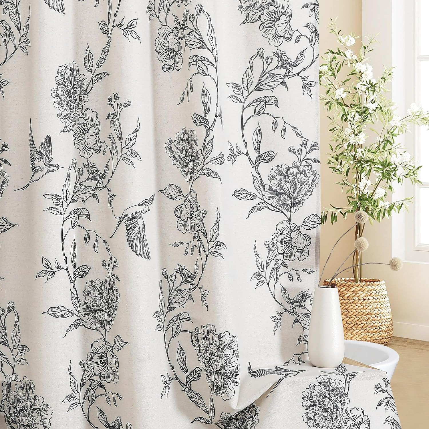 Mitovilla Black Farmhouse Shower Curtain Set, Cotton Floral Hummingbird Cottagec