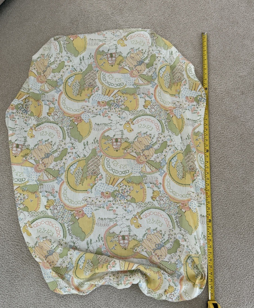 VTG 70s Sears yellow puppy chick bear ABC 123 cat dog fitted Crib Sheet See Ad