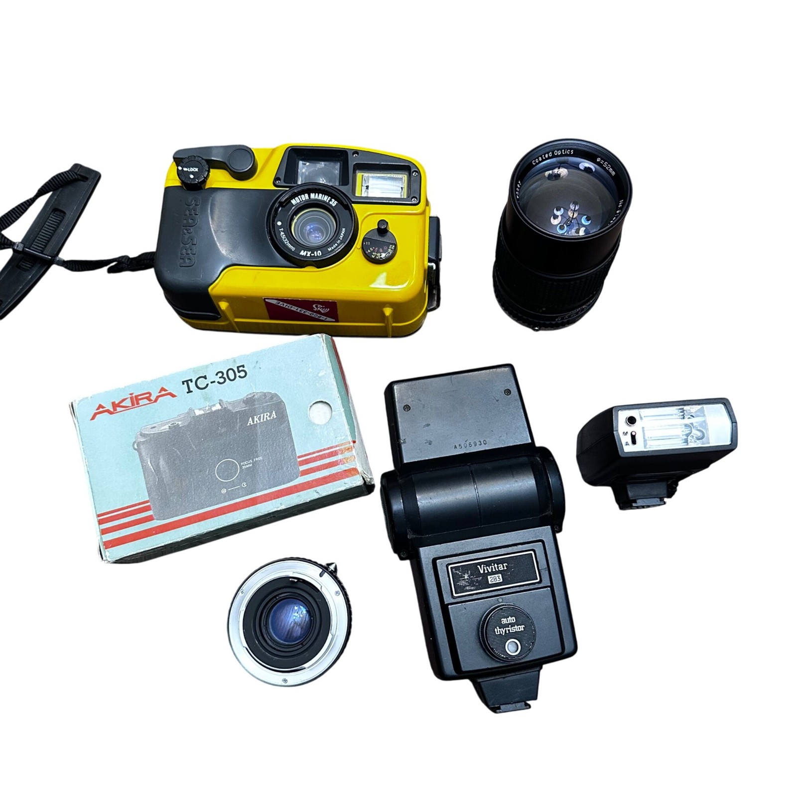 Camera Lot Lens, Flash, 35mm Flim Camera Converter Strobe Untested For Parts 