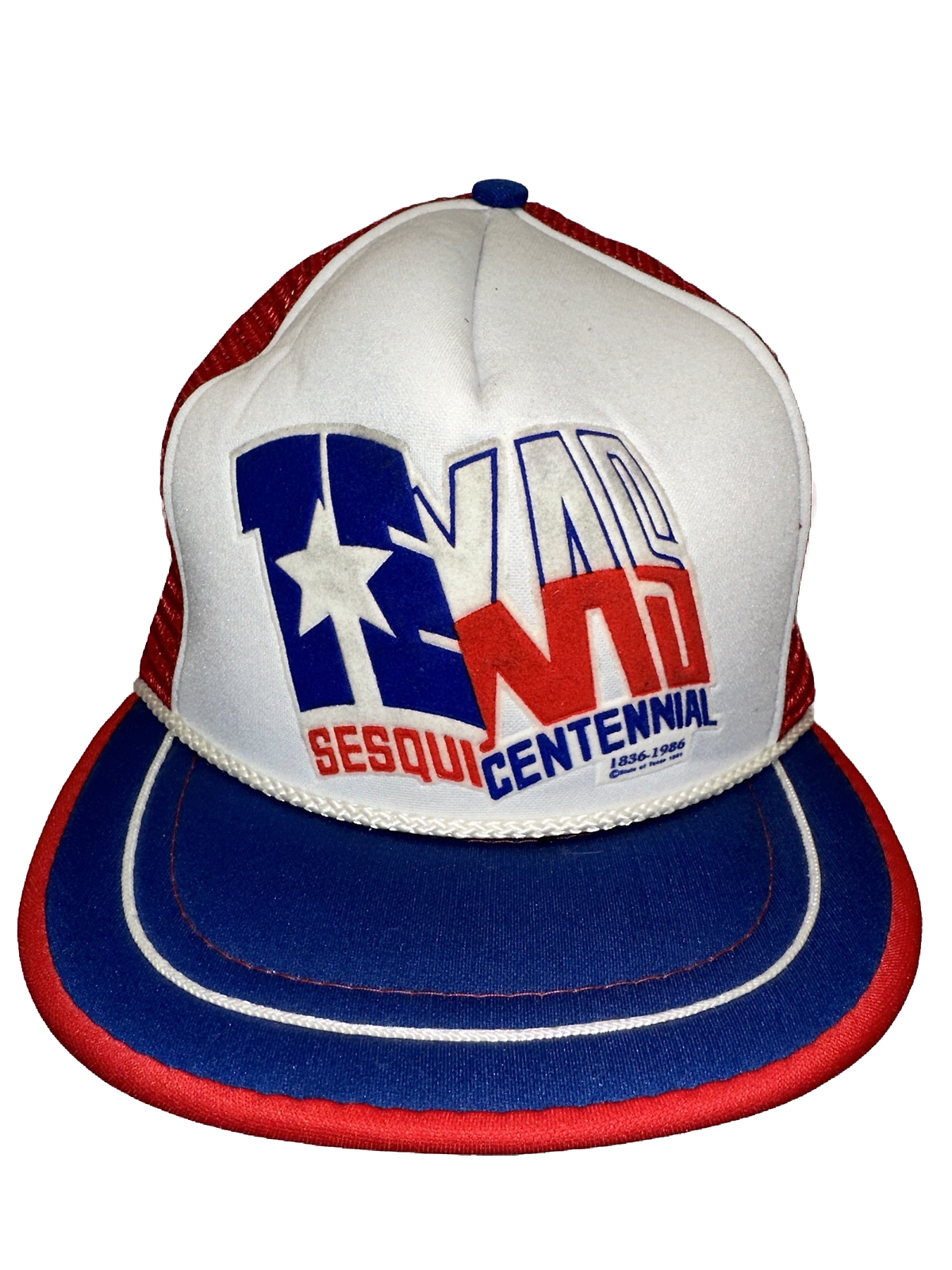 Texas Sesquicentennial 1836-1986 Hat Cap Foam Mesh Trucker Snapback w Rope RWB