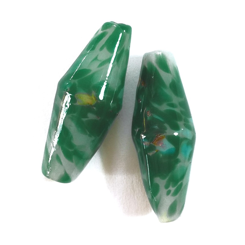 Vintage Glass Focal Beads Kelly Green Foil Specks Bicone 22mm 7/8" 2pcs