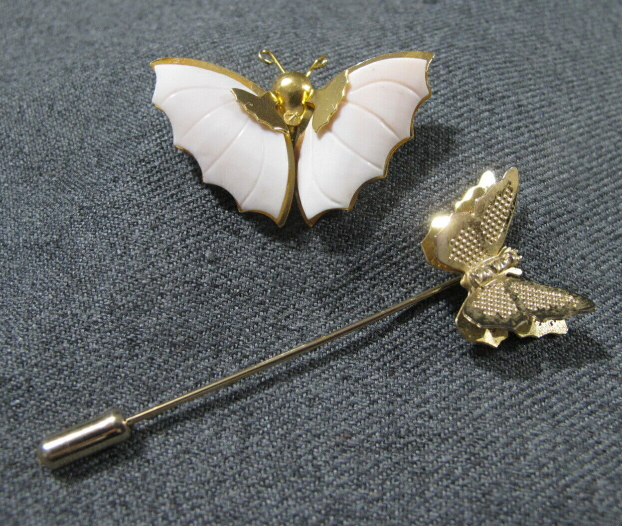 Vintage carved shell wings goldtone butterfly pin brooch & filigree stick pin 