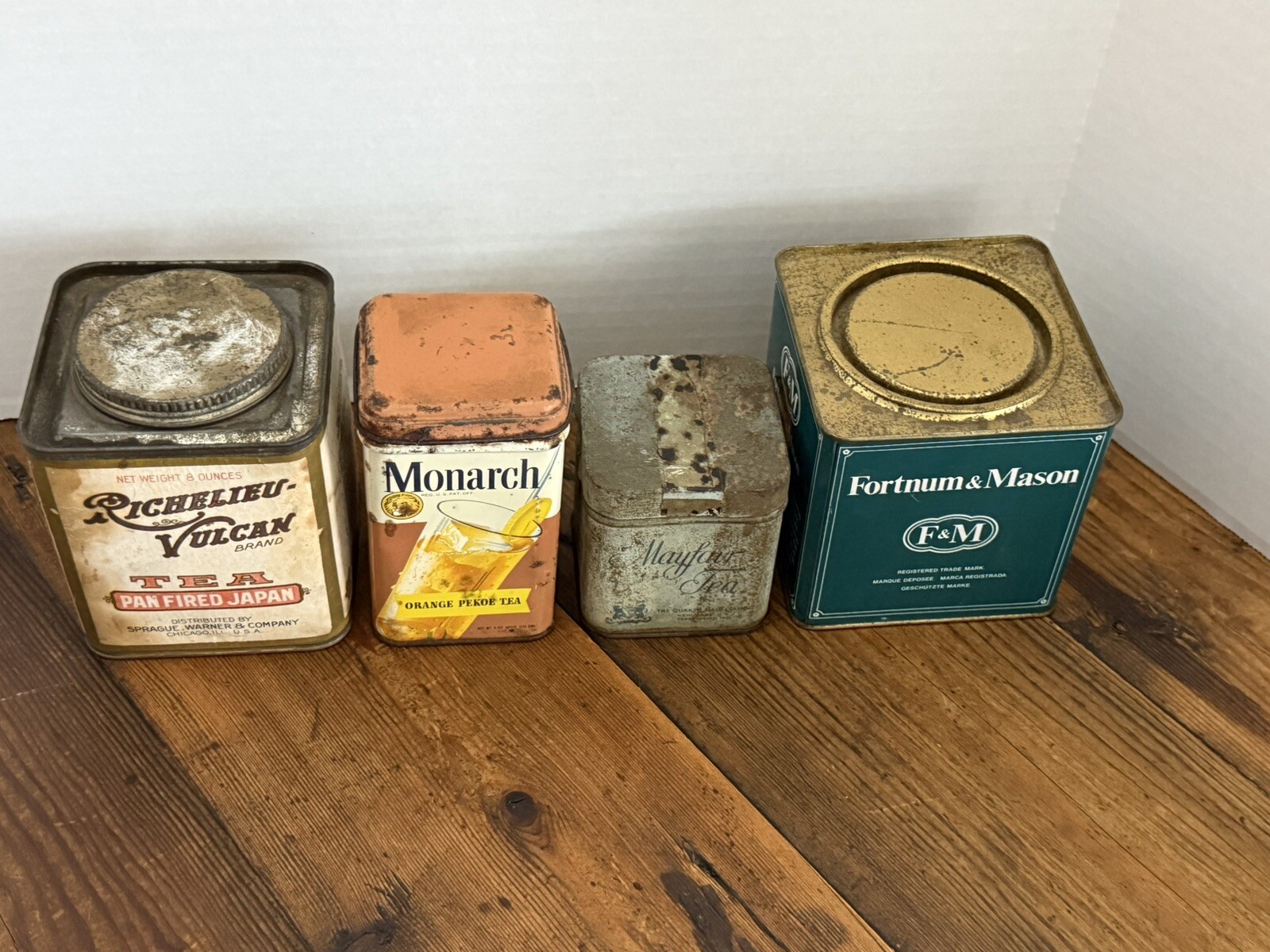 Vintage Tea Tins: Set of 4, Monarch, Richelieu-Vulcan, Mayfair, Fortnum &Mason(C