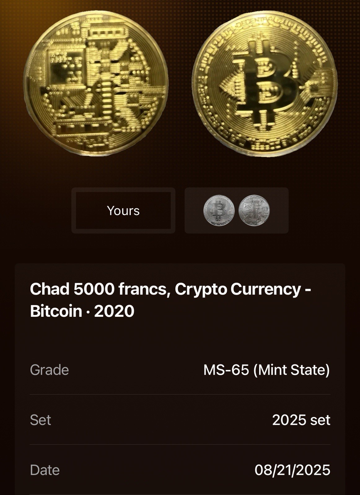 Chad 5000 Frances, Crypto Currency- Bitcoin 2020 Copper. 