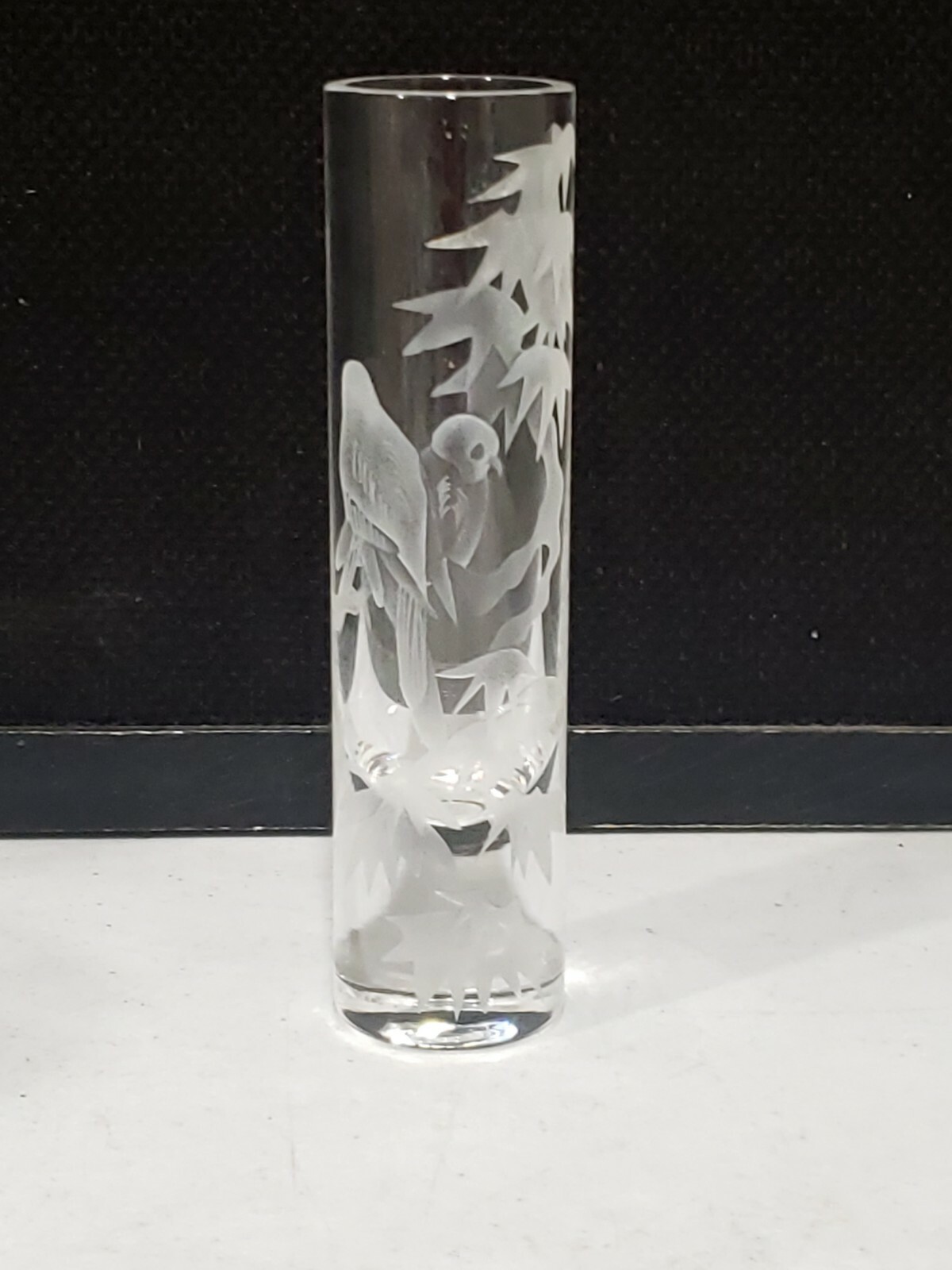 Vintage HTF Stuart Crystal - 5 3/4" Bud Vase Etched with Parrots Birds on Branch