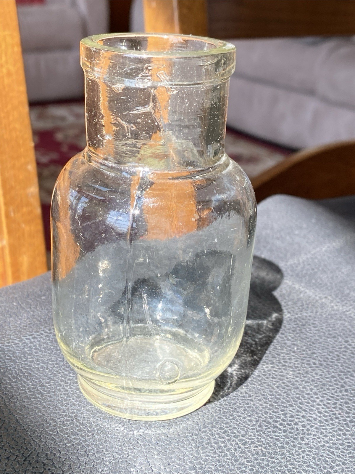 Antique UV GREEN TINT Not Embossed Mustard Jar Hand Tooled  1.25” Lip Opening