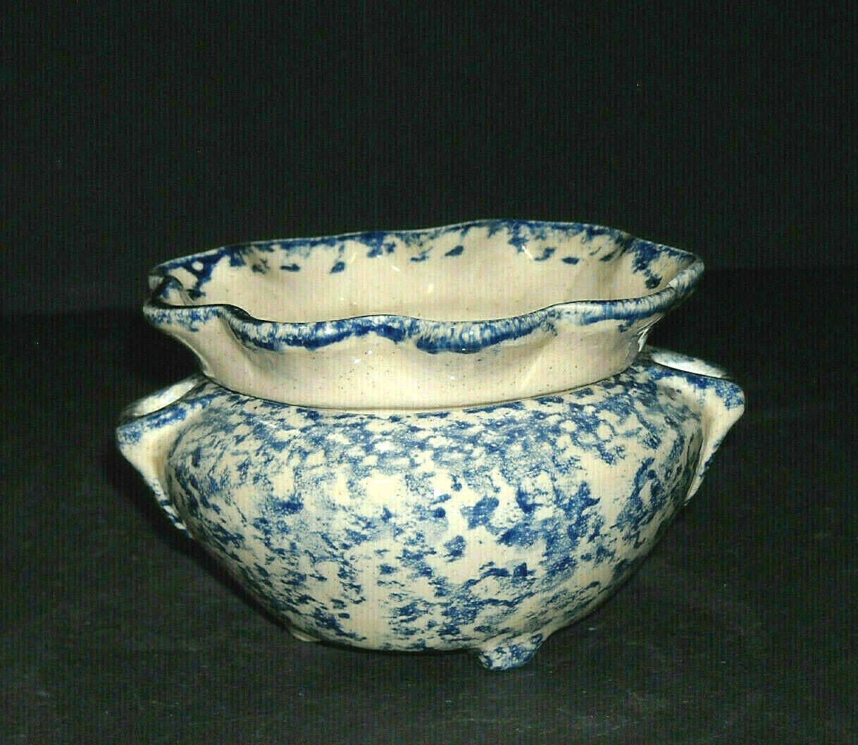 Antique (1915 - 1935) Blue & White Spongeware Two-Piece Planter Stoneware