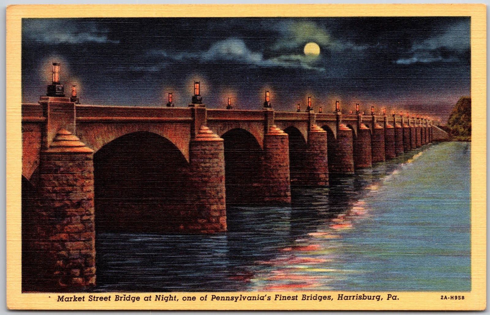 Harrisburg Pennsylvania PA, Market Street Bridge at Night, Vintage Postcard