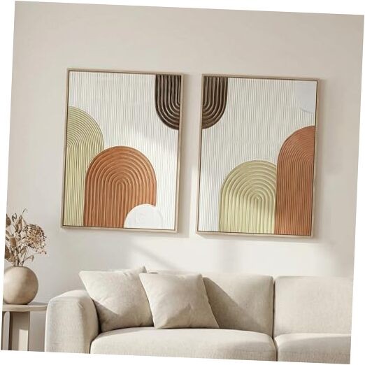  Set of 2 Framed 3D Textured Wall Art, Hand-Painted Raised Line Geometric 