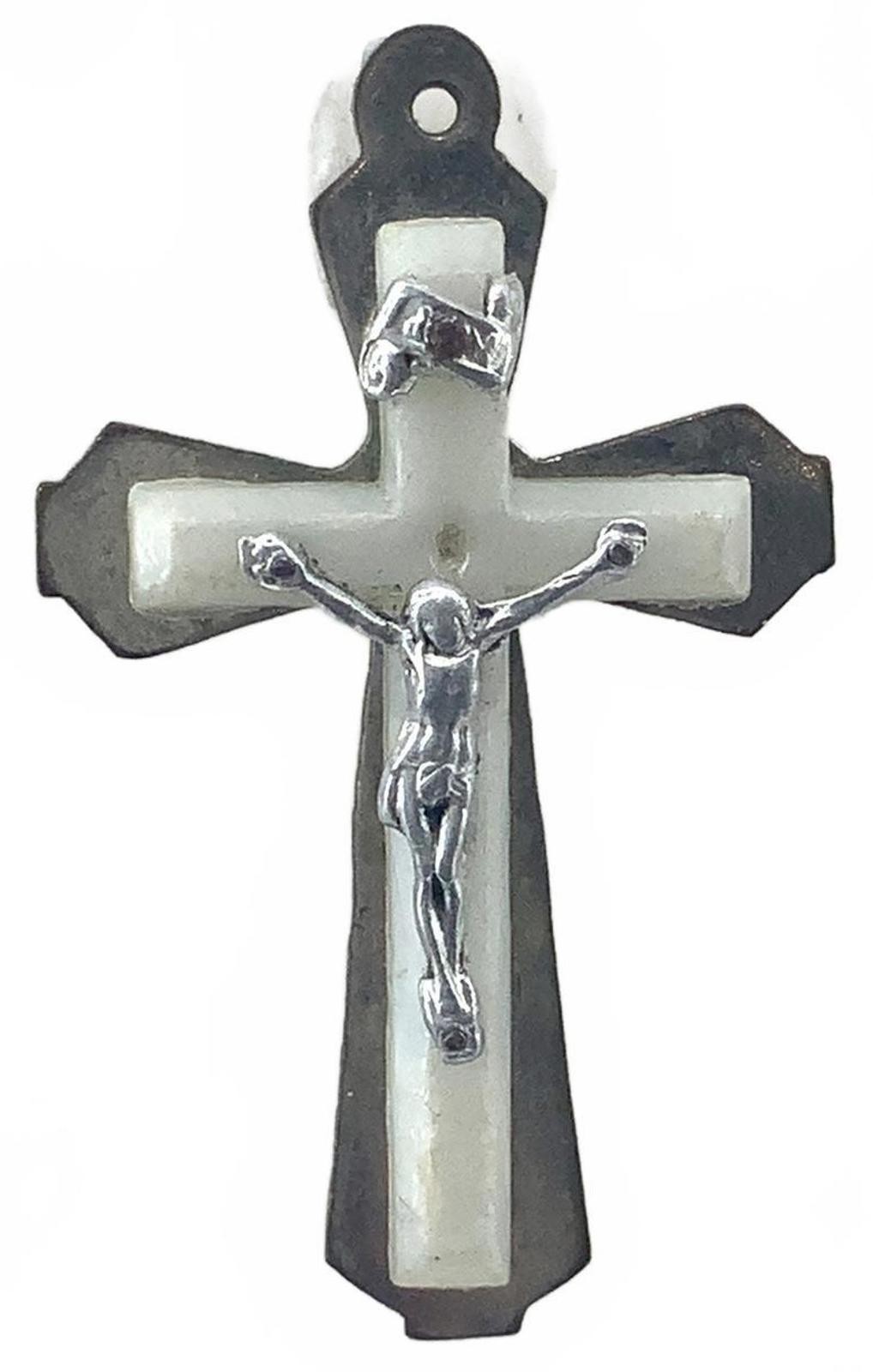 Vintage Fatima Lucite Silvertone MidCentury Crucifix Pendant Small Catholic