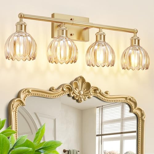 Bathroom Light Fixtures Over Mirror, 27.2 in 4-Light Brass Base-Amber Tulip