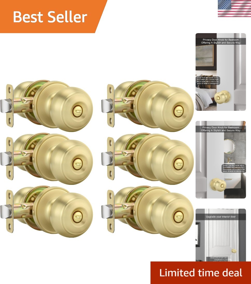 Stylish 6 Pack Push Button Gold Door Knobs - Ideal for Bedrooms & Bathrooms