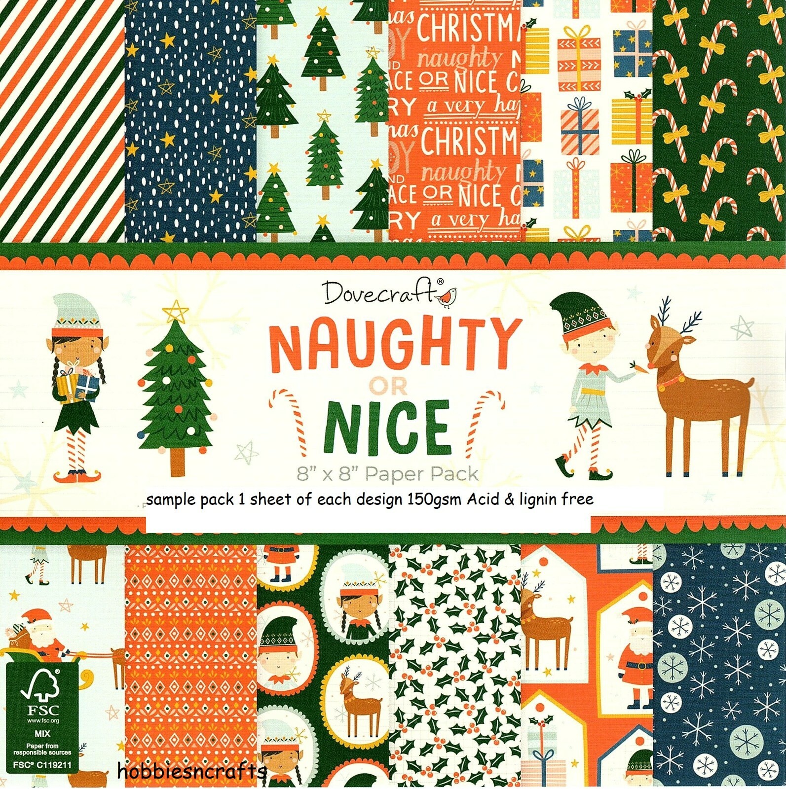 NAUGHTY OR NICE Dovecraft 8 x 8 Christmas Sample Paper Pack 150gsm 12 Sheets