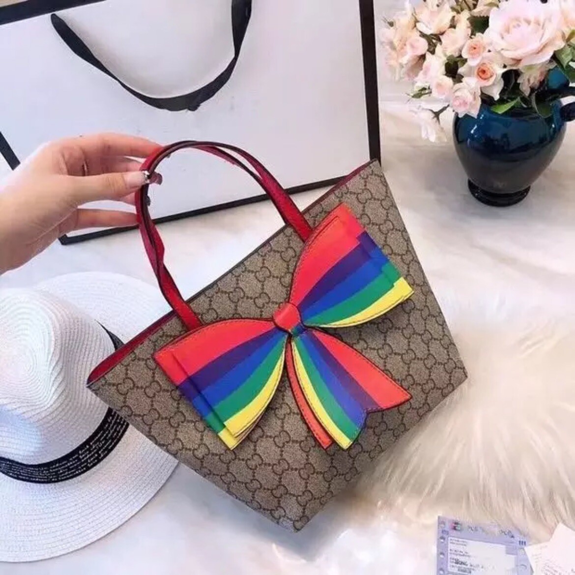 Brown Monogram Small Tote Rainbow Bow Tie Bag Handbag