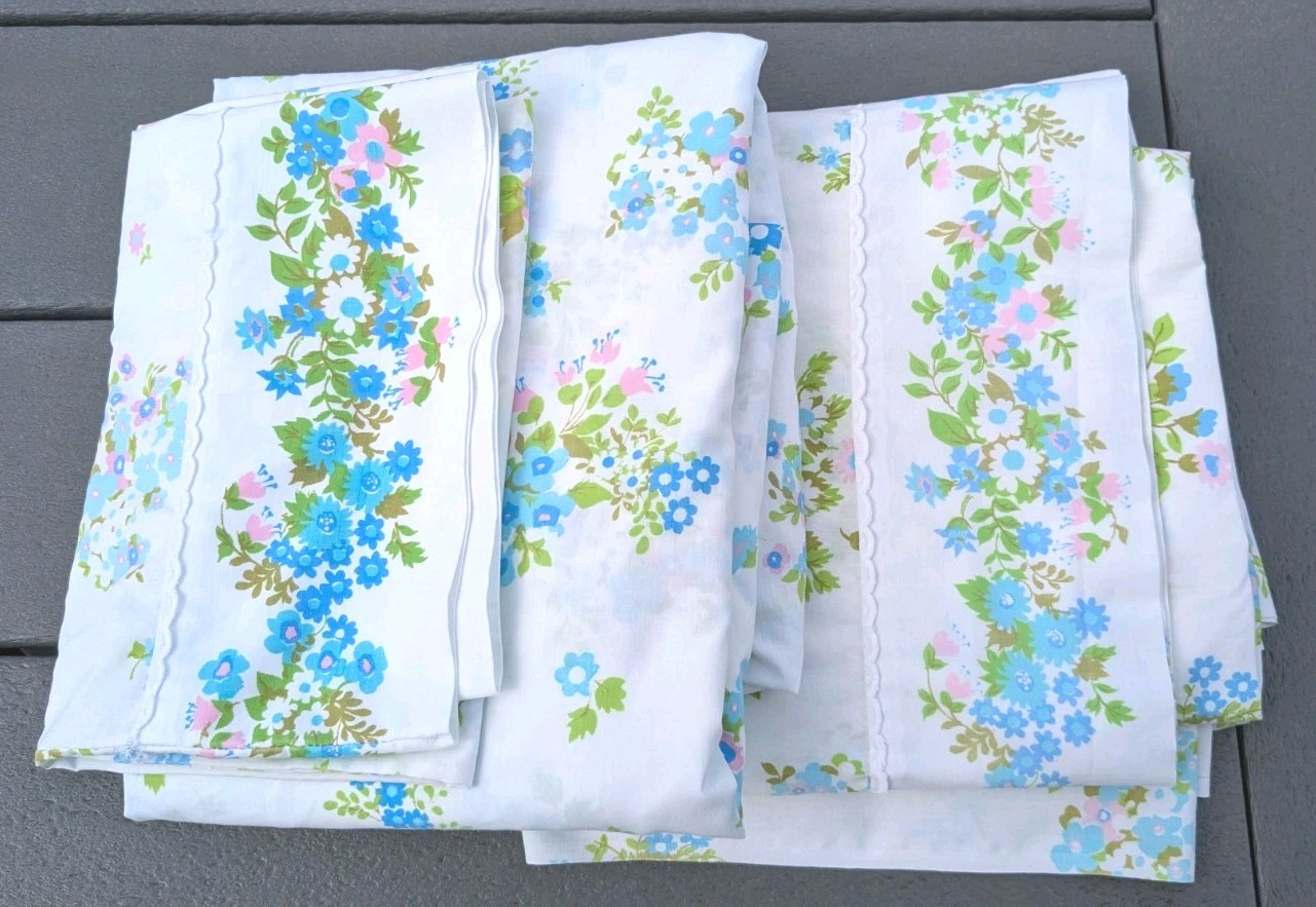VTG FIELDCREST PERFECTION BLUE GREEN FLORAL BORDER FULL SHEET SET 3pc Percale 
