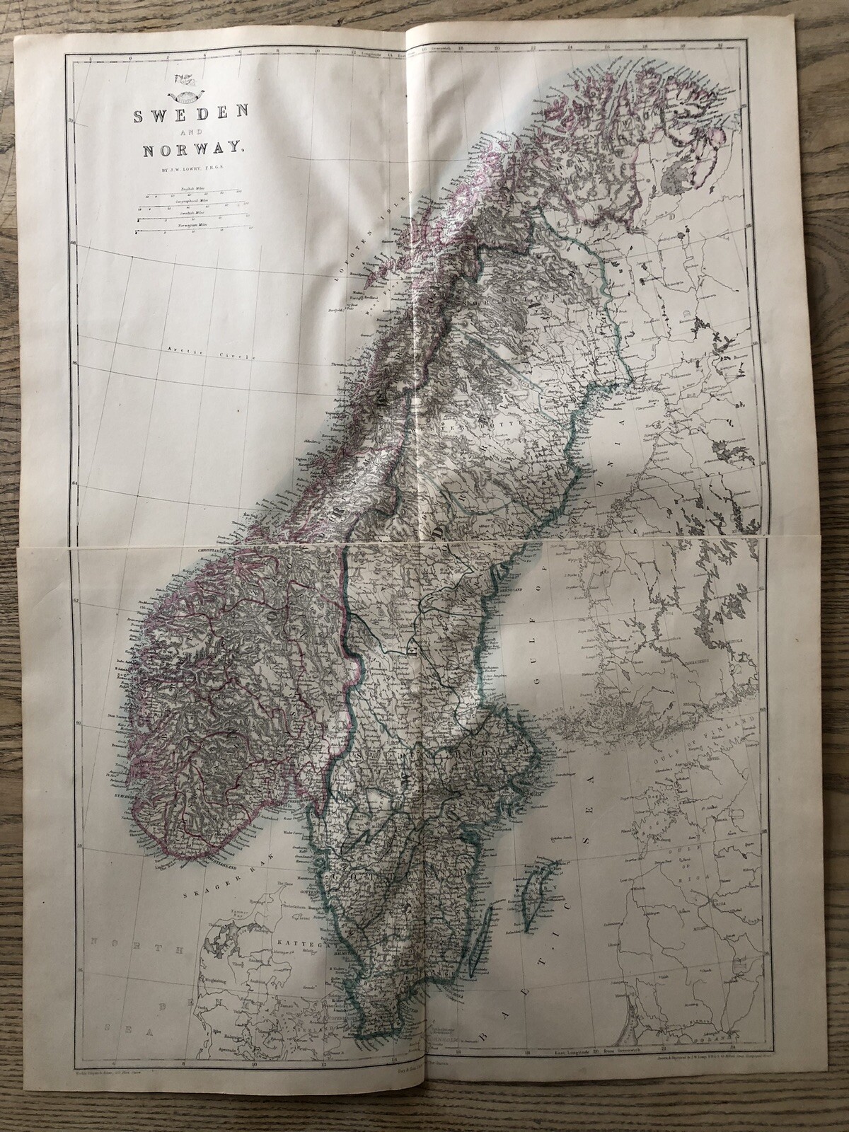 1861 Sweden & Norway Large Hand Coloured Map from Weekly Dispatch 63 cm x 49 cm