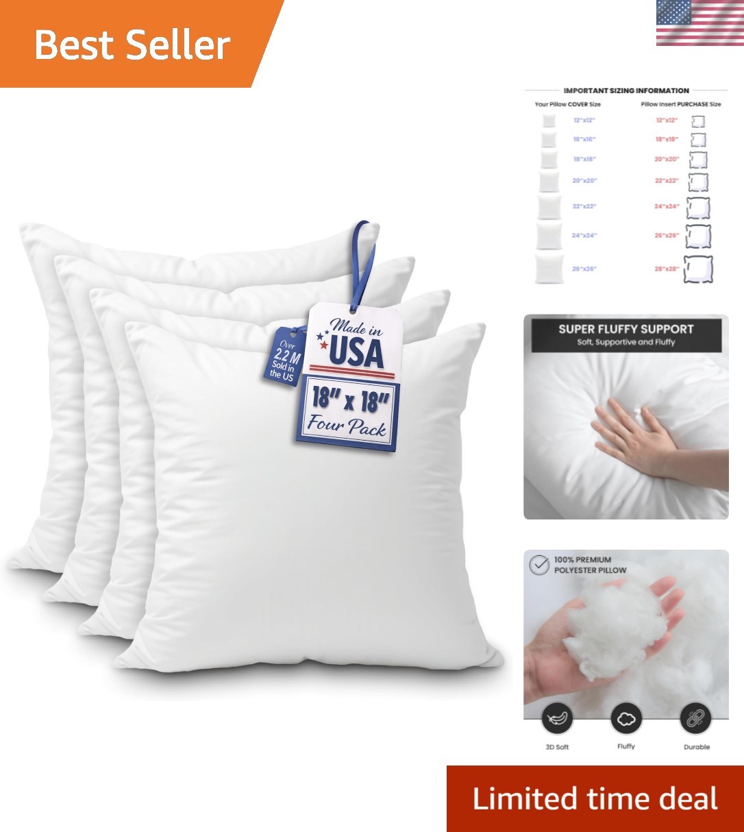 Throw Pillows Insert 18 x 18 Inches Set of 4 Hypoallergenic,  - Decorative Co...